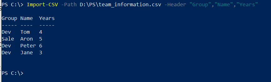 PowerShell Import CSV file without headers