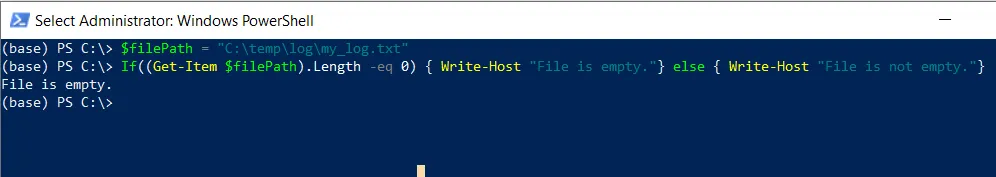 PowerShell check if a file is empty using file size