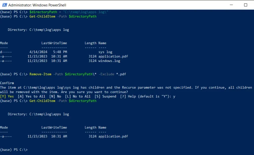 PowerShell delete all files except pdf file