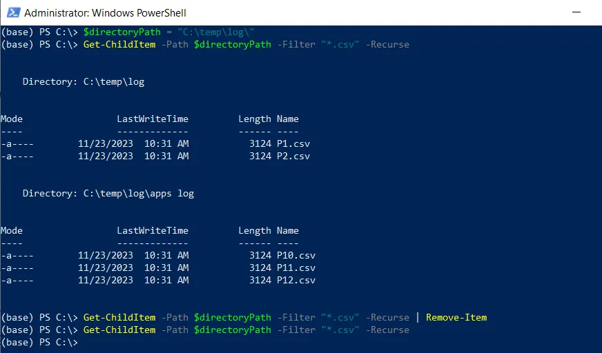 PowerShell deletes all files with extension recursively