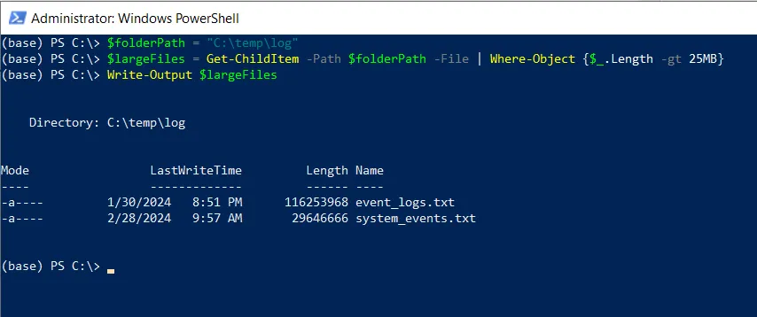 PowerShell find large files greater than 25mb