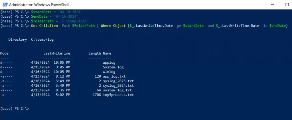 PowerShell get childitems modified between two dates