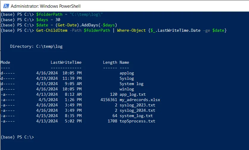 PowerShell get childitem modified within the last 30 days