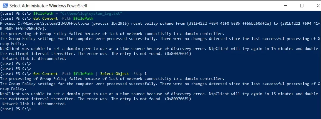 PowerShell get content and skip first line of a file