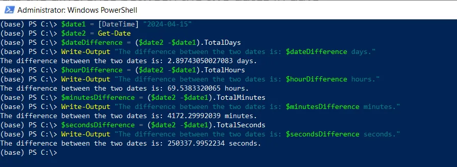 PowerShell get the date difference in hours,minutes,seconds