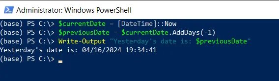 PowerShell get date minus 1 day using DateTime
