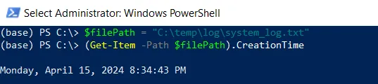 PowerShell get file creation date using get-item