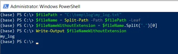 PowerShell get filename without an extension using split method