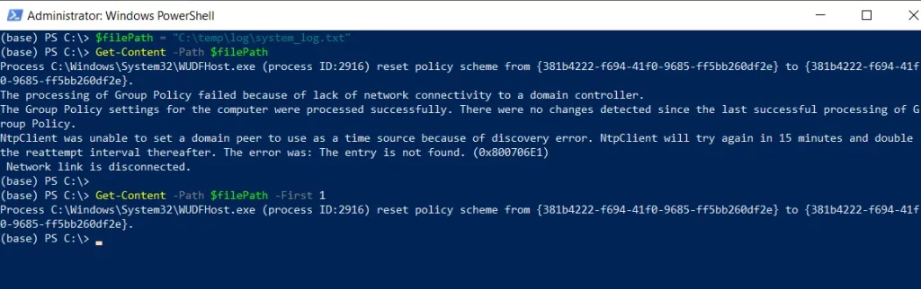 PowerShell get first line of a file using Get-Content -First 1
