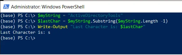 PowerShell get last character of a string using substring