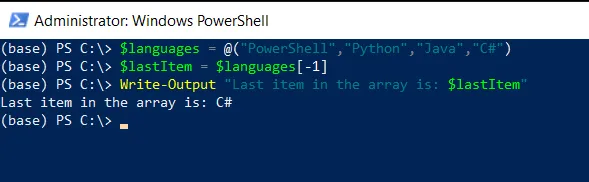 Powershell get last item in array using index