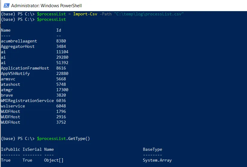 PowerShell import csv file into array