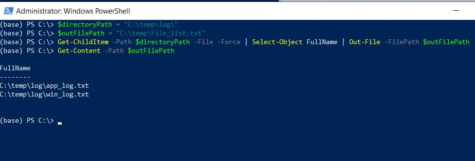 PowerShell list all files in directory to text file