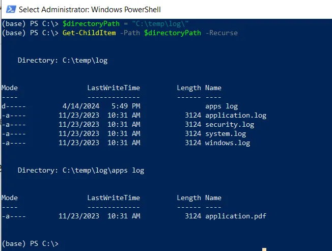 PowerShell list all files in a directory