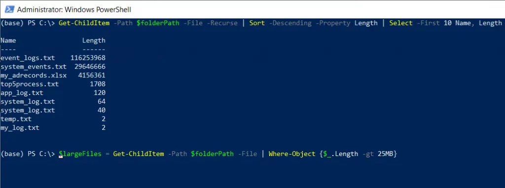 PowerShell list large files ordered by size in descending order