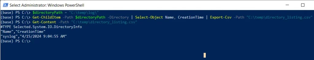 PowerShell directory listing to csv file