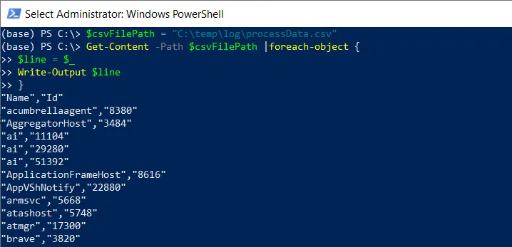 PowerShell read csv file line by line using Get-Content