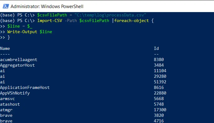 PowerShell read csv file line by line using Import-CSV