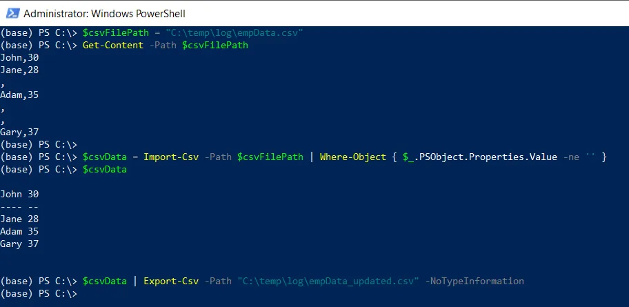 PowerShell remove blank lines from a CSV file