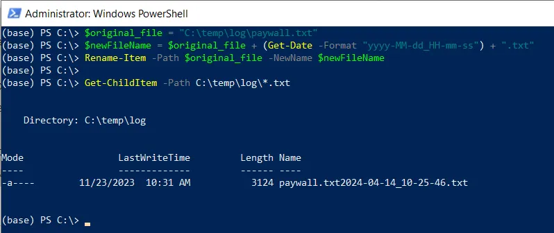 PowerShell rename file with date
