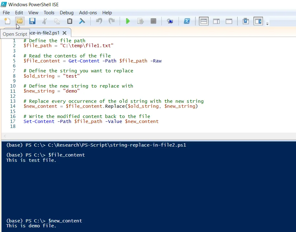 PowerShell replace string in a file using replace() method