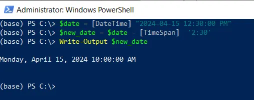 PowerShell subtract time from datetime variable