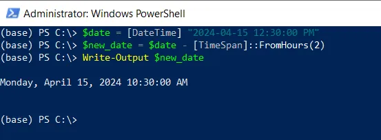 PowerShell subtract time from datetime using subtraction operator
