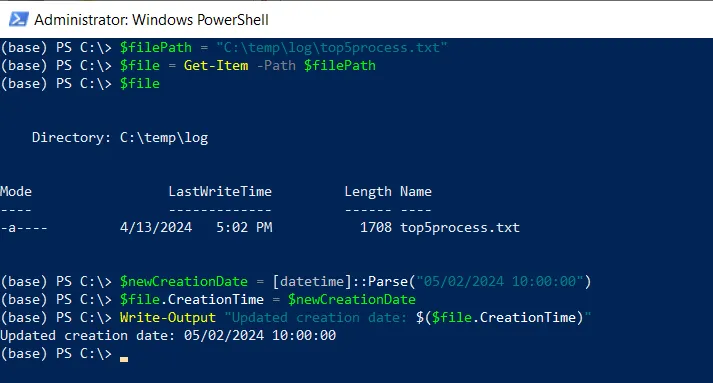 PowerShell change created date of file