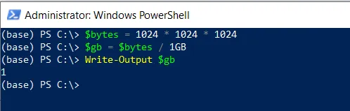 PowerShell convert bytes to gb