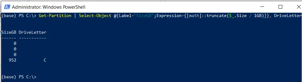 PowerShell get partition size in GB using Get-Partition