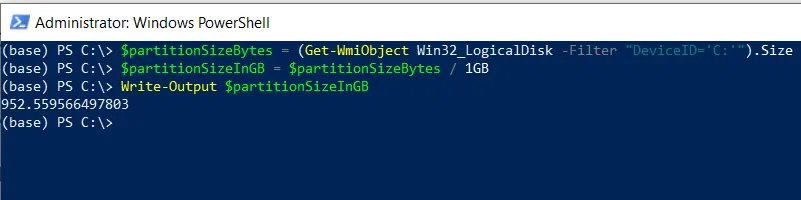 PowerShell get partition size in gb using Get-WmiObject