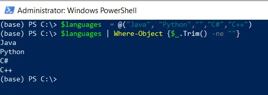 PowerShell remove empty rows from an array
