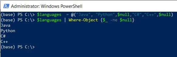PowerShell remove null values from array
