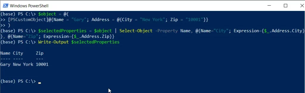 powershell select-object nested property of the custom object